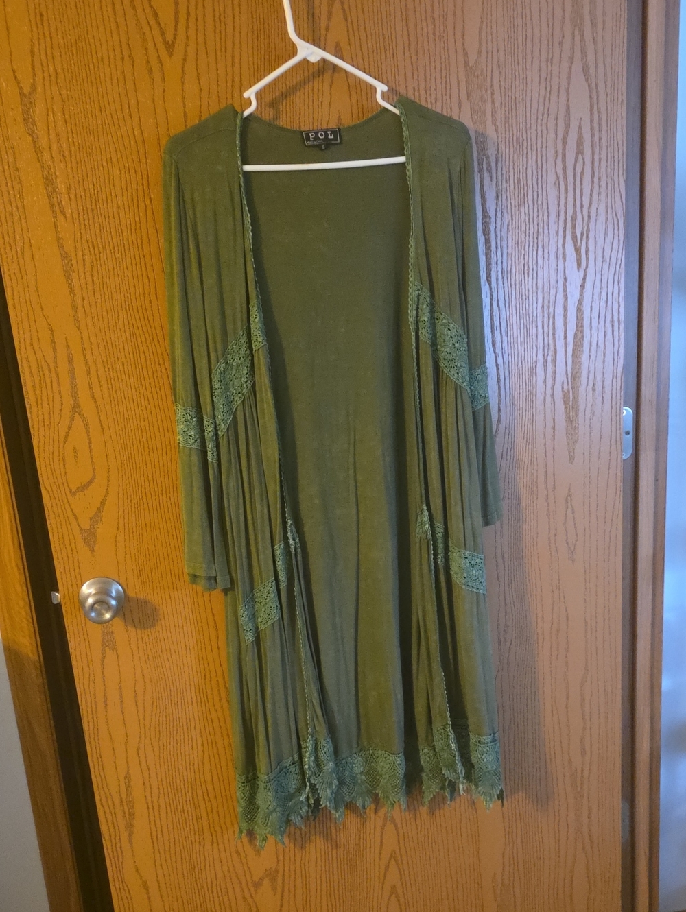 POL Olive Green Lace-Trim Longline Cardigan PTP 20-22, L 40